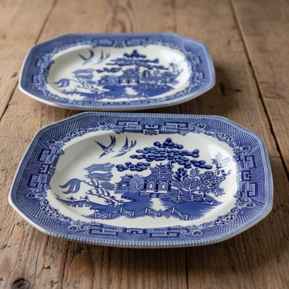 Set of 2 Johnson Bros Blue Willow Square Salad Plates 7.75" Porcelain~England